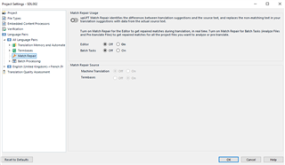 Trados Studio Project Settings dialog box with Match Repair option highlighted, showing options to turn it on or off.