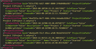 Screenshot of a Trados Studio projects.xml file showing a list of project elements with attributes such as Guid, Name, CreationDate, and IsLocalFile.
