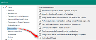 Trados Studio options menu with a red arrow pointing to the 'Enable Lookahead' option under the Translation Memory section, indicating to disable it.