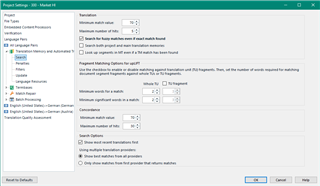 Trados Studio Project Settings dialog showing Translation Memory and Automated Translation settings with Lookahead enabled.