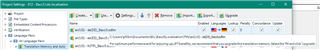 Trados Studio Project view with Translation Memories tab open, displaying a list of attached TMs with file paths visible on hover.