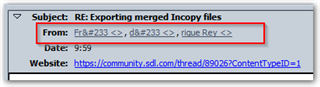 Screenshot of an error message in Trados Studio showing the 'From' field with unrecognized characters and a red outline indicating an issue with the '@-thing' not working with an accent in the name.