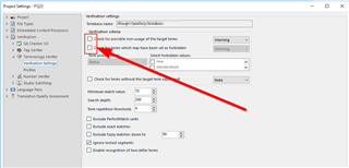 Trados Studio Project Settings window with Terminology section open, showing unchecked boxes for 'Check for possible non-use of target term' and 'Check for inconsistent use of target term'. Red arrows pointing to the unchecked boxes.