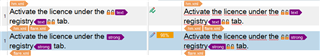 Screenshot of Trados Studio showing a comparison of text segments with incorrect tag formatting, indicated by pink and orange highlights.