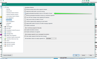 Trados Studio options menu with 'Translation Memory and Automated Translation' settings, highlighting 'Apply automated translation where no TM match is found'.