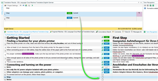 Trados Studio Editor view showing a segment confirmed with a green checkmark, indicating it's saved to the TM with CM100% match.