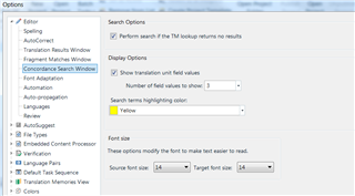 Trados Studio Options menu screenshot displaying Editor settings with Concordance Search Window options.