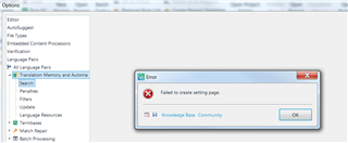 Error message in Trados Studio stating 'Failed to create setting page' with a Knowledge Base Community button.
