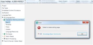 Error message in Trados Studio Project Settings stating 'Failed to create setting page' with a Knowledge Base Community button.