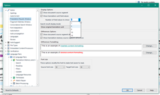 Trados Studio options window showing Editor settings with a dropdown menu for 'Number of field values to show' set to 1.