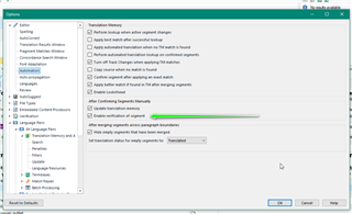 Trados Studio options window displaying Translation Memory settings with 'Enable LookAhead' option checked.