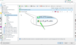 Trados Studio showing an SDL ETS Translation Provider with a green arrow pointing to the file name 'en-US_PL.sdlitm'.