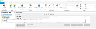 Trados Studio Translation Memories window with an orange triangle warning symbol indicating the need to upgrade Translation Memory for optimal performance.