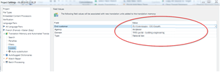 Trados Studio project settings showing TM field values with a red circle highlighting the fields: Apply, Confirm, Domain, and Type.