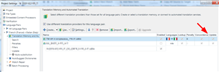 Trados Studio project settings with a red arrow pointing to the TM 'update' checkbox, indicating it is selected.
