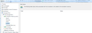 Trados Studio 'File -> Options' menu with no visible errors or warnings, showing the 'Field Values' section.