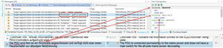 Screenshot of Trados Studio showing a QA Checker 3.0 window with multiple error messages, including 'The target term does not match the term base entry' highlighted in red.