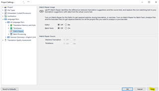 Trados Studio Project Settings window showing Match Repair options with checkboxes for 'Use Match Repair' and 'Match Source' toggled on.