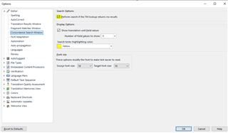 Trados Studio settings window showing options for 'Concordance Search' with a checked box for 'Perform search if the lookup returns no results.'