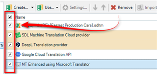 Trados Studio interface showing a list of Translation Memories (TMs) with checkboxes. One TM named 'EN-US_Fastest Production Cars.sdltm' is selected, indicated by a red arrow and checkbox ticked.