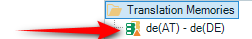 Screenshot showing a small triangle warning next to a Translation Memory (TM) in Trados Studio indicating it has not been upgraded with 'UpLift'.