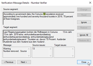 Number Verifier window in Trados Studio displaying a warning message for a number removed in the source segment with the number 13 highlighted.