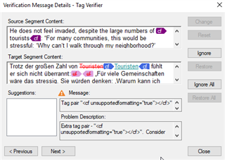 Trados Studio Tag Verifier window showing a warning for unsupported formatting in the source segment with deleted tags highlighted.