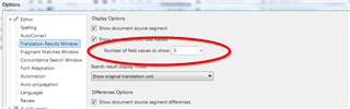 Trados Studio screenshot showing the 'Options' menu with 'Editor' selected. A red circle highlights the 'Number of field values to show' dropdown in the 'Translation Results Window' section, currently set to 5.