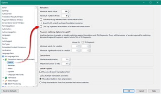Trados Studio options menu with 'Use automated translation' unchecked in the Translation Memory and Automated Translation settings.