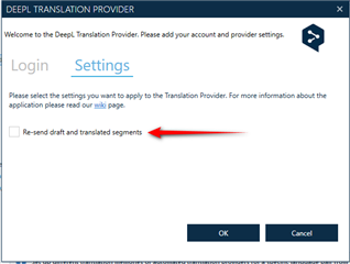DeepL Translation Provider settings window with the option 'Re-send draft and translated segments' highlighted by a red arrow, indicating it is unchecked.