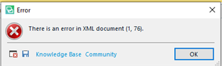 Error message window in Trados Studio stating 'There is an error in XML document (1, 76).' with an OK button and links to Knowledge Base and Community.
