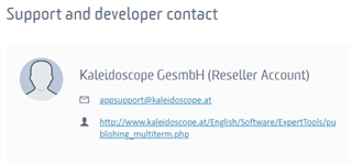 Support and developer contact section showing Kaleidoscope GesmbH (Reseller Account) with email appsupport@kaleidoscope.at and website link.
