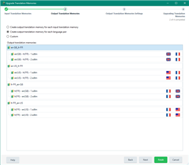 Trados Studio screenshot displaying the 'Upgrade Translation Memories' window with the same 8 TMs listed, indicating the process to create separate TMs for different language pairs and variants.