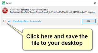 Error message window showing 'Accesso al percorso C:UsersCristiana BottamediAppDataLocalTemp1_it-it.zip.m6010p01.xml_649578.sdlxliff negato.' with an OK button.