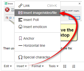 Dropdown menu with 'Insert imagevideofile' option highlighted and an arrow pointing to it, indicating to click there to add a file.