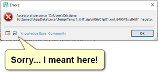 Error message window in Trados Studio indicating denied access to a specified file path, with options for Knowledge Base and Community below, and an overlaid text bubble saying 'Sorry... I meant here!'