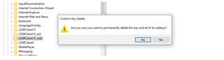 Confirmation dialog box on Trados Studio with a warning icon asking 'Are you sure you want to permanently delete this key and all of its subkeys?' with 'Yes' and 'No' options.