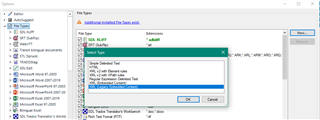 Trados Studio screenshot showing the File Types options with a dialog box for XML file type settings, highlighting the 'CDATA' section not supported as an inline tag.
