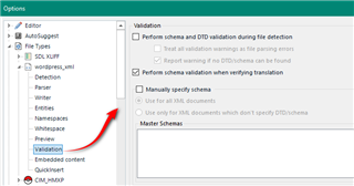 Trados Studio screenshot showing the Validation options under File Types settings with a red arrow pointing to the 'Use only for XML documents' checkbox.