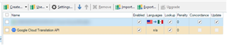 Screenshot of Trados Studio showing a single enabled Machine Translation provider, Google Cloud Translation API, with no visible errors or warnings.