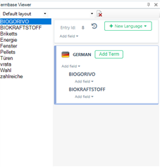 Termbase Viewer window in Trados Studio with the term 'BIOKRAFTSTOFF' added twice under the 'GERMAN' language section, indicating an error in term entry.