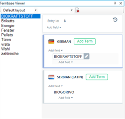 Corrected Termbase Viewer window showing 'BIOKRAFTSTOFF' under 'GERMAN' and 'BIOGORIVO' under 'SERBIAN (LATIN)', demonstrating the manual correction of the term entry.