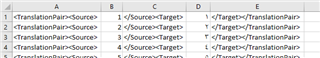 Excel spreadsheet with columns labeled A to E, showing rows of data under headers TranslationPairSource and TranslationPairTarget.
