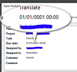 Trados Studio screenshot showing an open package with an incorrect due date of 01010001 00:00, highlighted with a speech bubble.