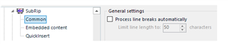 Trados Studio screenshot showing the unchecked 'Process line breaks automatically' box under General settings in the SRT filetype options.