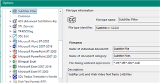 Trados Studio options menu showing Subtitles Filter selected with file type information displayed, including file type name, identifier, filenames, document category, and description.