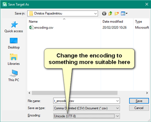 Save Target As dialog box with a highlighted dropdown menu for encoding, suggesting to change the encoding to something more suitable, with UTF-8 selected.