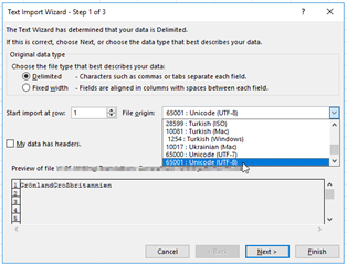 Text Import Wizard in Excel with '65001: Unicode (UTF-8)' encoding option selected.