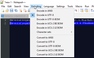Notepad++ application window with an open document titled 'new 1'. The Encoding menu is expanded showing options such as 'Encode in ANSI' and 'Convert to UTF-8'.
