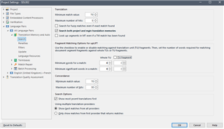 Trados Studio Project Settings window showing Translation Match Repair options with checkboxes and numerical fields.